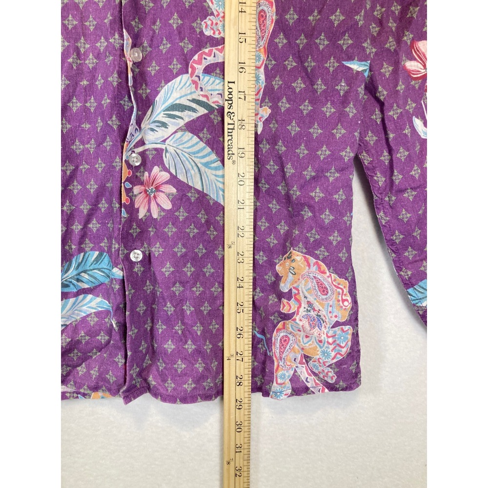 Giuseppe Annunziata Women Small Purple Linen Tiger Floral Button Down Shirt - Picture 7 of 10